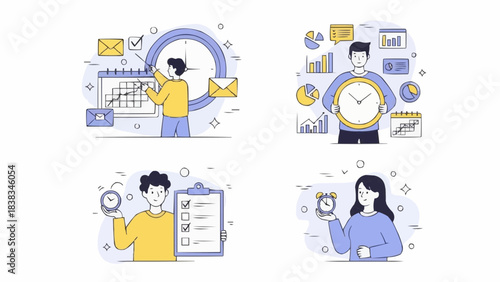 Project management set. Characters using scheduling tools to manage, prioritize, delegate tasks. Business and organization concept. Vector illustration.