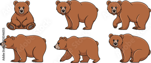 Cute brown bear cartoon illustration set showing different poses, standing, sitting, walking, wildlife animal vector for children.