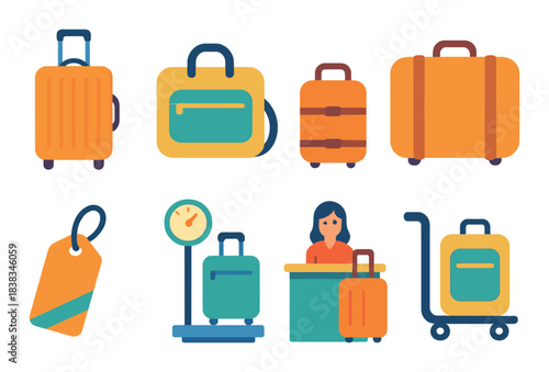 Colorful luggage icons and female receptionist with suitcases