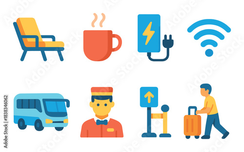 Vibrant airport icons featuring traveler, coffee, charging, and wi-fi symbols