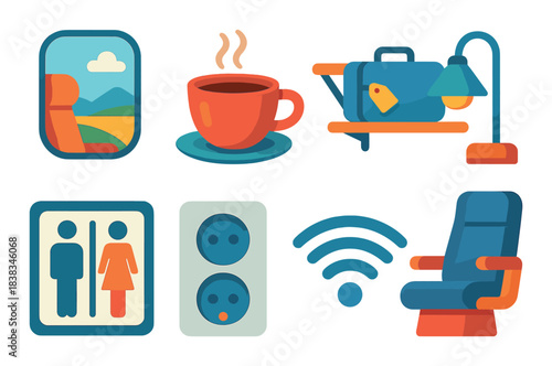 Colorful travel icons: airplane seat, hot drink, luggage, restroom sign, wifi, power outlet