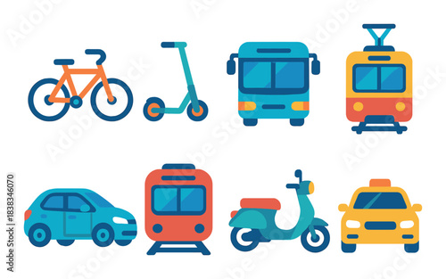 Colorful icons of various urban transportation modes on gradient background