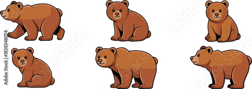 Cute brown bear illustrations in various poses, sitting, standing, walking, cartoon wildlife animal vector set for kids.