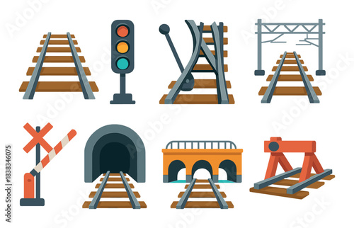 Railroad elements: crossing, tunnel, signal, switch, barrier, bridge, tracks, semaphore