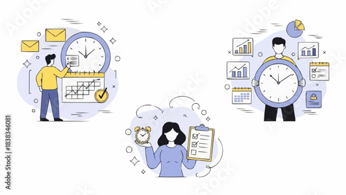 Project management set. Characters using scheduling tools to manage, prioritize, delegate tasks. Business and organization concept. Vector illustration.