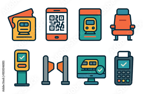 Colorful icons of train travel: tickets, qr codes, boarding pass, and more