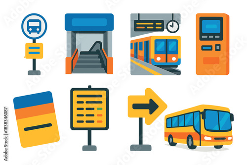 Urban public transport icons: bus, metro, ticket machines, and signage