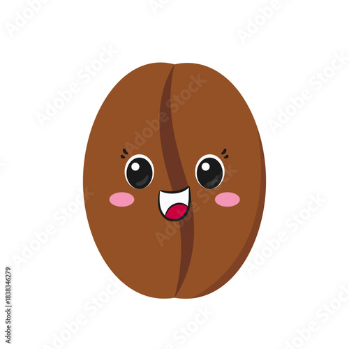 Coffee bean, cute character cartoon, big eyes, happy smiling face, kawaii style, emotions joy delight, sign coffee drink vector illustration.