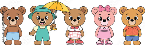 Cute teddy bear characters wearing casual outfits, dresses, overalls, and holding an umbrella in colorful cartoon vector style.