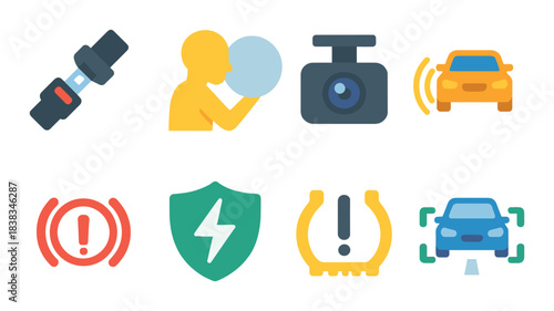 Colorful car dashboard warning symbols on black background
