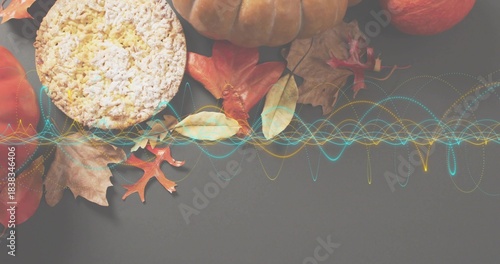 Showing round crispbread on gray surface with leaves pumpkin gourd apple neon waveform, copy space