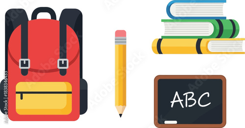 Back to school icon set with backpack, books, pencil, and chalkboard, vector flat illustration on white background