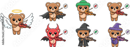 Cute teddy bear violinist characters dressed as angel, devil, witch, wizard, and fantasy figures playing violins in kawaii style.