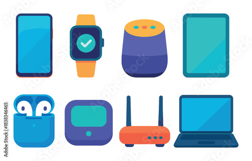 Colorful digital devices collection featuring smartphone, smartwatch, speaker, tablet, earbuds, router, and laptop
