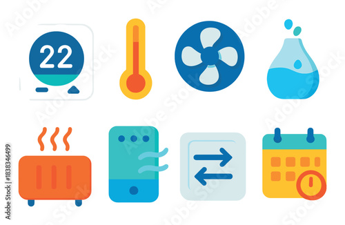 Smart home technology: icon set of temperature, fan, water, heater, ventilation, schedule