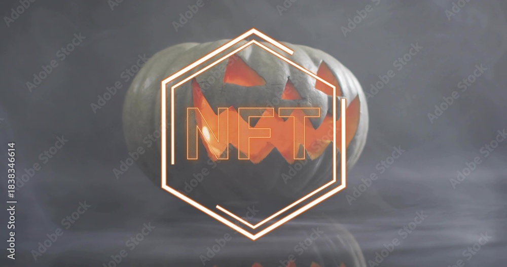Obraz premium Glowing carved pumpkin sitting on reflective studio table, with neon hexagon and NFT letters in fog