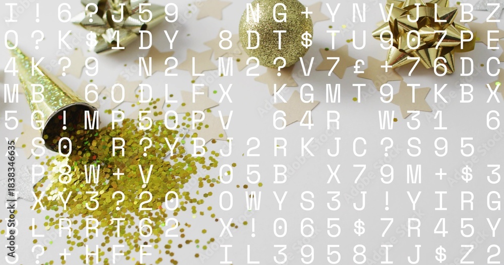 Naklejka premium Spilling gold popper confetti and glitter on white table, showing bows, ribbon, stars, text overlay