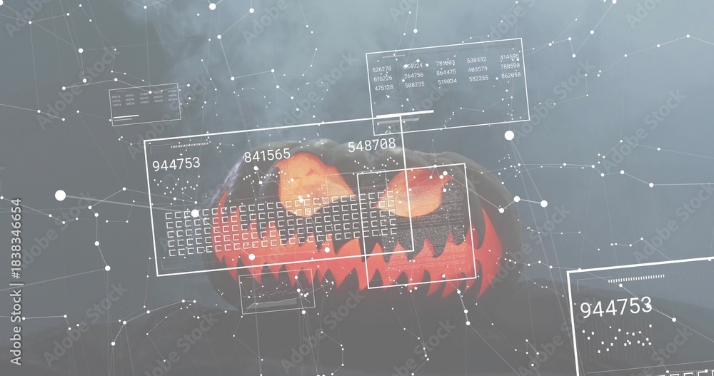 Fototapeta premium Glowing carved pumpkin emitting orange light in dark studio amid fog, HUD codes, dot grid