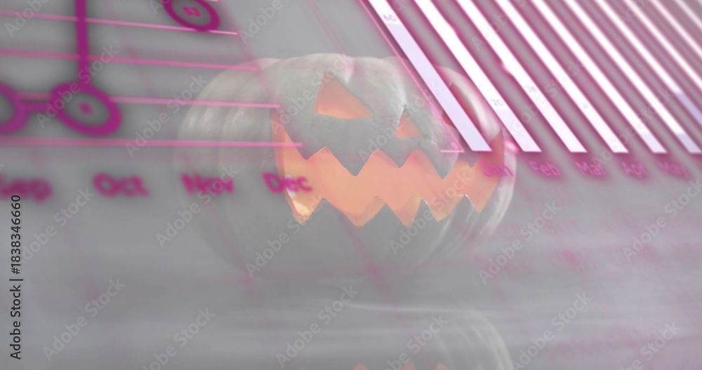 Fototapeta premium Emitting warm light, carved jack o lantern glowing on glossy surface in studio, with pink charts