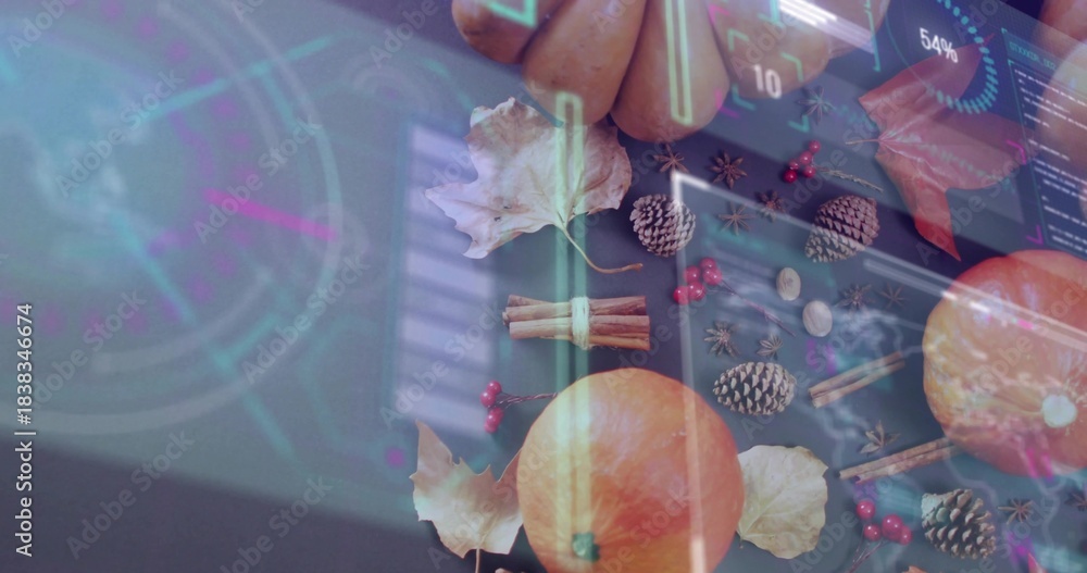 Fototapeta premium Displaying flat autumn display featuring pumpkins, pine cones, cinnamon on dark table, HUD blinds