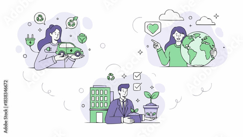 Sustainability set. Characters showing benefits of sustainable lifestyle. Green energy, electric car, clean industry concept. Vector illustration.