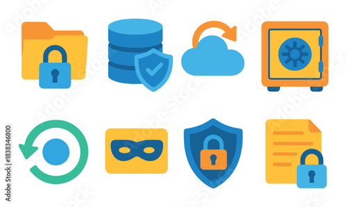 Data security icons: cloud, shield, lock, and database protection symbols