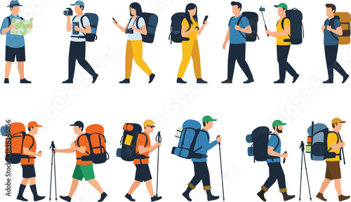 Collection of hikers and travelers walking with backpacks, cameras, maps, and trekking poles, representing adventure, exploration, outdoor activities, and travel lifestyle in modern vector style