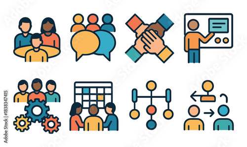 Colorful icons depicting teamwork, collaboration, and communication concepts