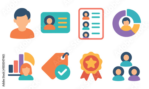 Vibrant digital icons depicting profiles, charts, and awards in neon style