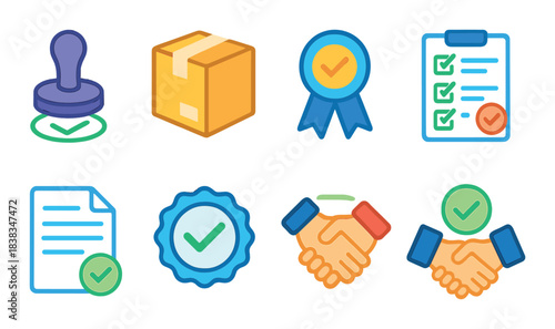 Colorful business symbols: certificate stamp, package, checklist, agreement icons