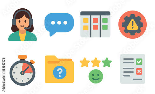 Customer support female icon dashboard with tools and communication elements