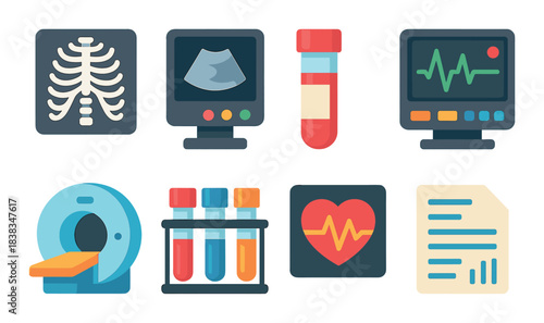 Medical icons: x-ray, ultrasound, blood test, monitoring, mri, heartbeat, report