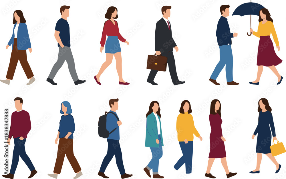 Fototapeta premium Collection of diverse people walking in various outfits, including professionals, casual pedestrians, and individuals with accessories, representing everyday city life in a modern vector style