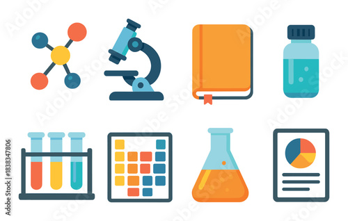 Colorful science and education icons featuring lab equipment and data analysis tools