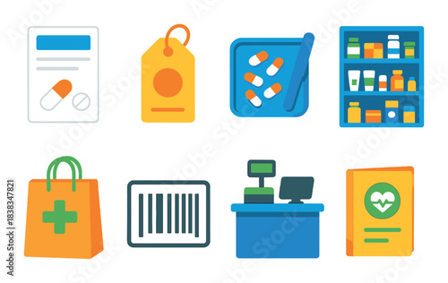 Colorful pharmacy icons: medication, shopping bag, barcode, prescription, vitamin shelf