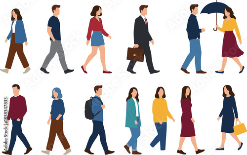 Collection of diverse people walking in various outfits, including professionals, casual pedestrians, and individuals with accessories, representing everyday city life in a modern vector style