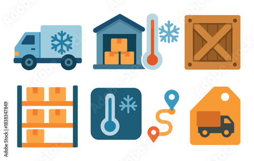 Cold supply chain shipping icons: warehouse, truck, temperature, crate, location markers