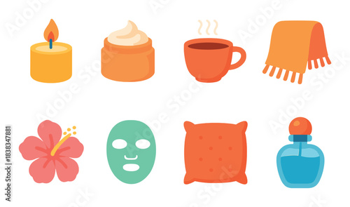 Cozy relaxation elements: candle, cream, hot drink, blanket, flower, mask, pillow, perfume