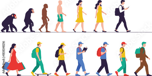 Evolution concept showing progression from primates to modern humans and contemporary people walking, symbolizing development, growth, lifestyle, and societal change in a flat vector style
