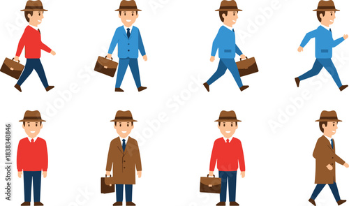 Set of cartoon businessman characters walking and standing with briefcases, wearing hats and various outfits, illustrating office movement, professionalism, and daily work routine