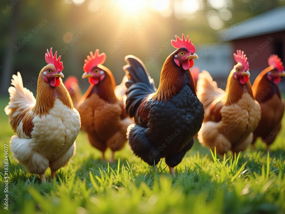 Fototapeta premium Vibrant chickens roaming freely in a sun-kissed farmyard at dawn celebrating the joy of rural life