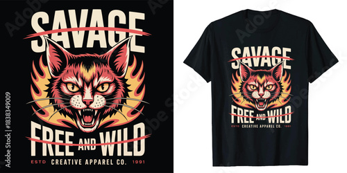 Savage free and wild cat head with fire flames graphic design white