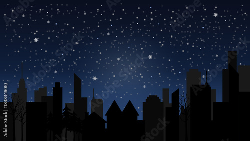 Winter Night City Skyline Silhouette with Falling Snow on Dark Blue Background Vector