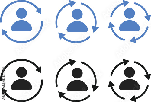 Replace Person Icon Set. User Substitution and Profile Swap Symbols. Switch User and Account Change Management icons collection. Change Profile and User Exchange sign