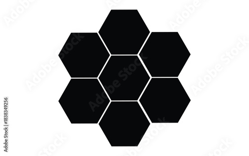 Abstract pattern of interconnected black hexagons forming a honeycomb structure on a white background