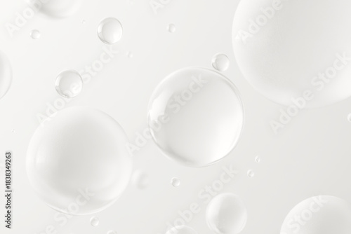 Floating white bubbles in a pristine white background, an abstract scene of purity and lightness for cosmetics, cleaning, or wellness branding; bubbles hover calmly, conveying serenity and freshness
