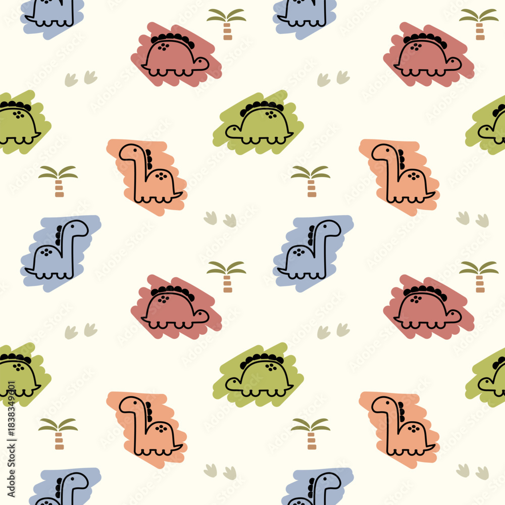 Fototapeta premium Dinosaur line cartoon so cute. On footprint tree background. Pattern seamless vector illustration. 