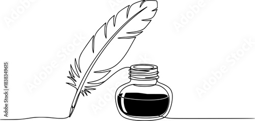 Inkwell and pen continuous line drawing. One line feather with ink vector illustration, Continuous One line drawing of Traditional Quill and Ink. Traditional feather quill with a basic ink bottle.	
