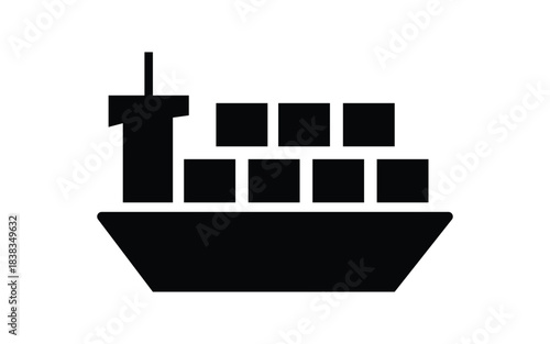 Simple black silhouette icon of a cargo ship carrying containers on the sea