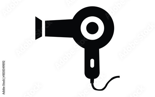 Simple black silhouette icon of a modern hair dryer with a cord